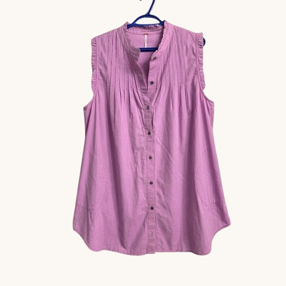 Free People Sleeveless Pintuck Ruffle Button Down Top Purple Large Summer Vacay